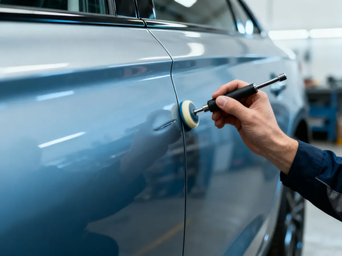 Technik oceniający niewielkie wgniecenie drzwi samochodu metodą PDR