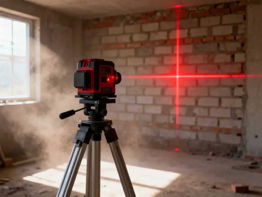 Niwelator laserowy na statywie wyznaczający czerwoną linię na surowej ścianie z cegły w trakcie prac budowlanych.