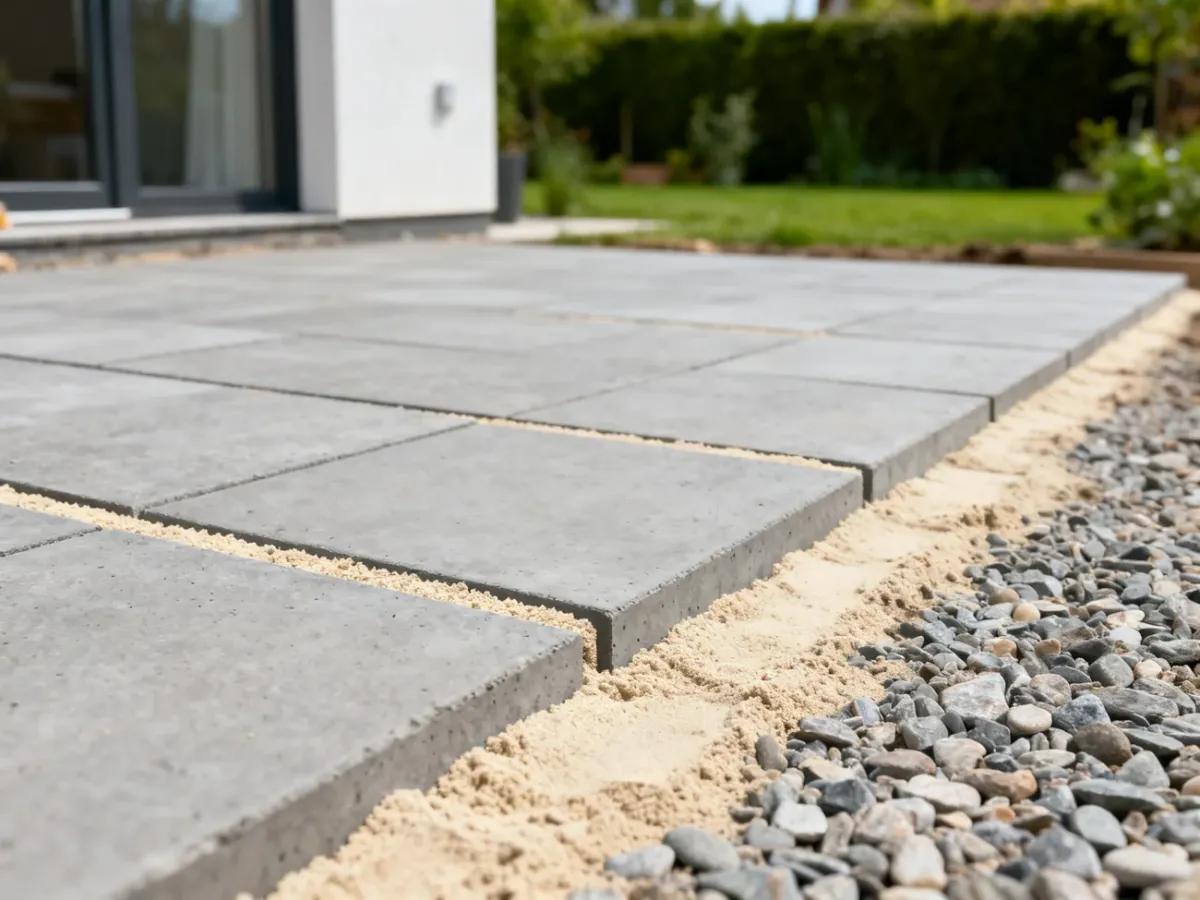 Betonowe płyty tarasowe ułożone na przygotowanym podłożu z wypełnionymi fugami