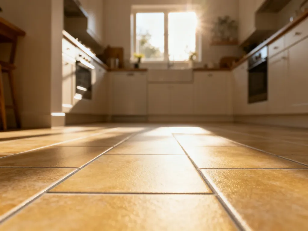 Nowoczesna kuchnia z winylową wykładziną imitującą płytki ceramiczne, podkreślającą realistyczną fakturę i wzór fug.
