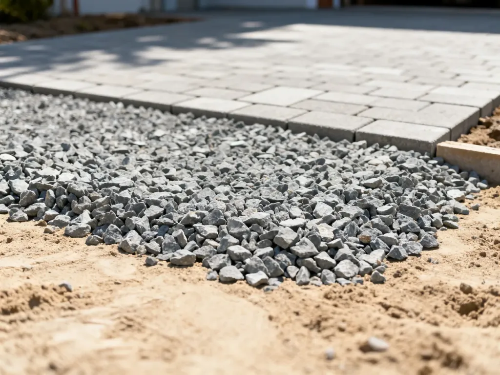 Równomiernie rozłożona warstwa kruszywa na przygotowanym podłożu, stanowiąca fundament pod układanie kostki brukowej.