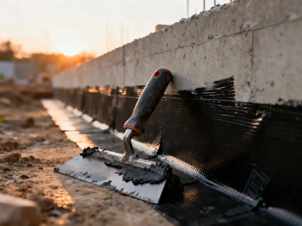 Fundament pokryty czarną izolacją bitumiczną oraz kielnia z masą uszczelniającą na placu budowy o wschodzie słońca.