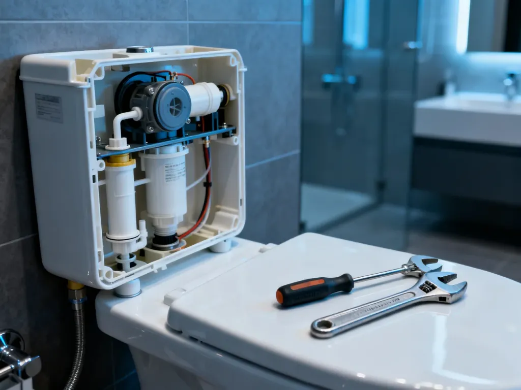 Wnętrze otwartej spłuczki podtynkowej z widocznymi mechanizmami oraz narzędziami hydraulicznymi przygotowanymi do naprawy.