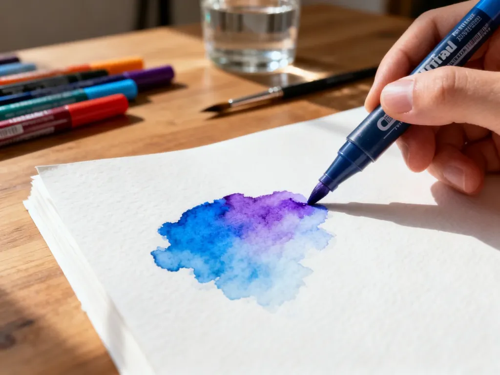 Marker wodny nanosi niebiesko-fioletowy pigment na fakturowany papier, ukazując płynne przejścia kolorystyczne.