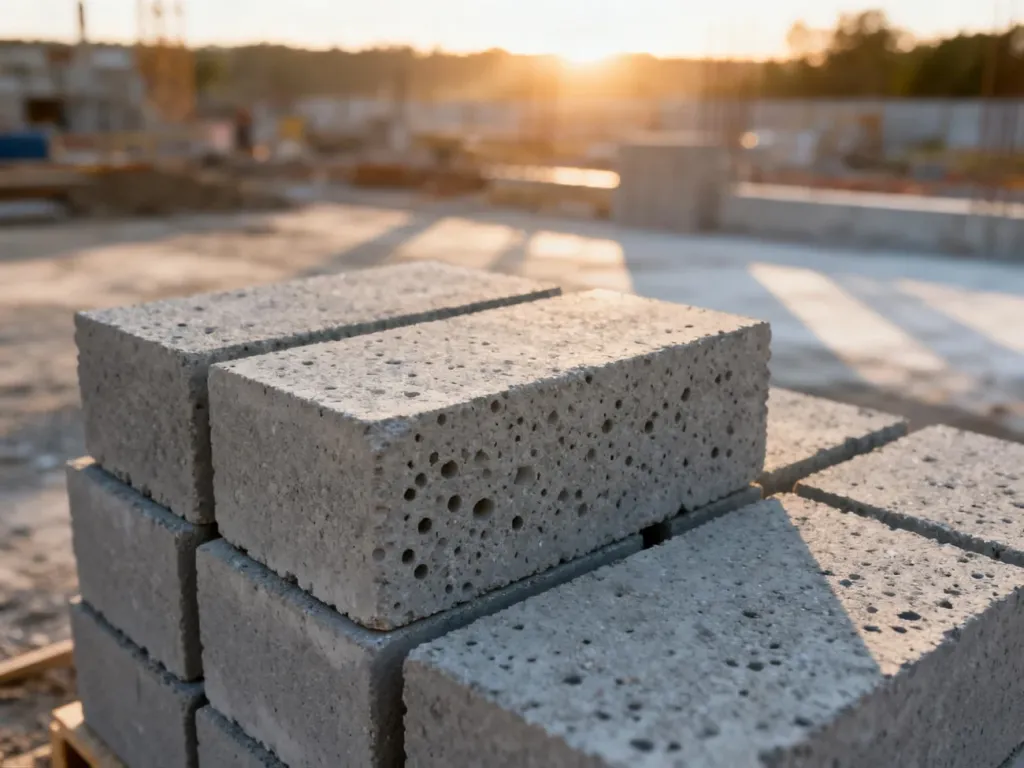 Szare bloczki betonowe ułożone na placu budowy w świetle wschodzącego słońca.