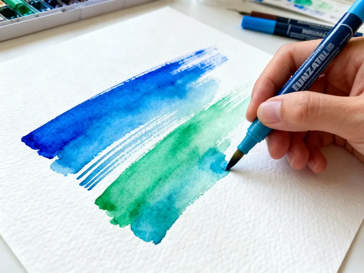 Water-based marker strokes being blended with a water brush on watercolor paper