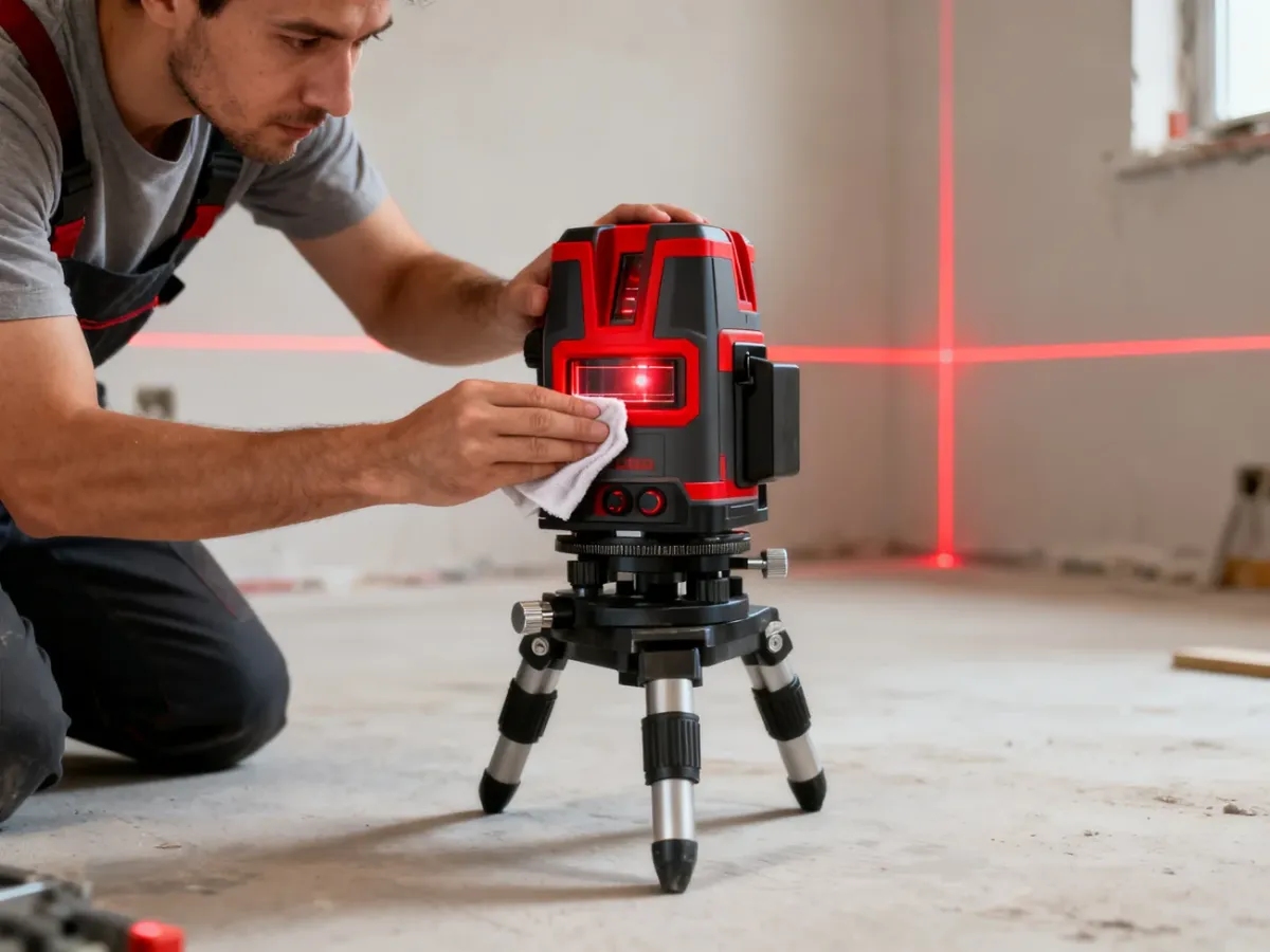 Poziomica laserowa ustawiona na statywie i czyszczona miękką ściereczką