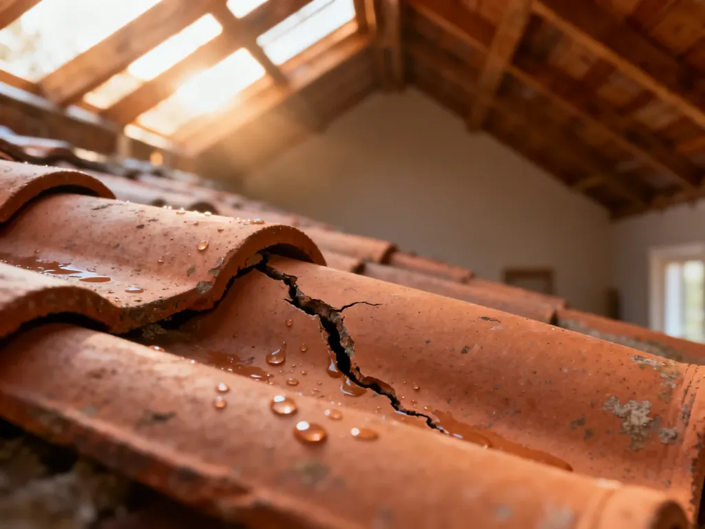 Pęknięta dachówka ceramiczna z widocznymi kroplami wody na tle drewnianej konstrukcji dachu.
