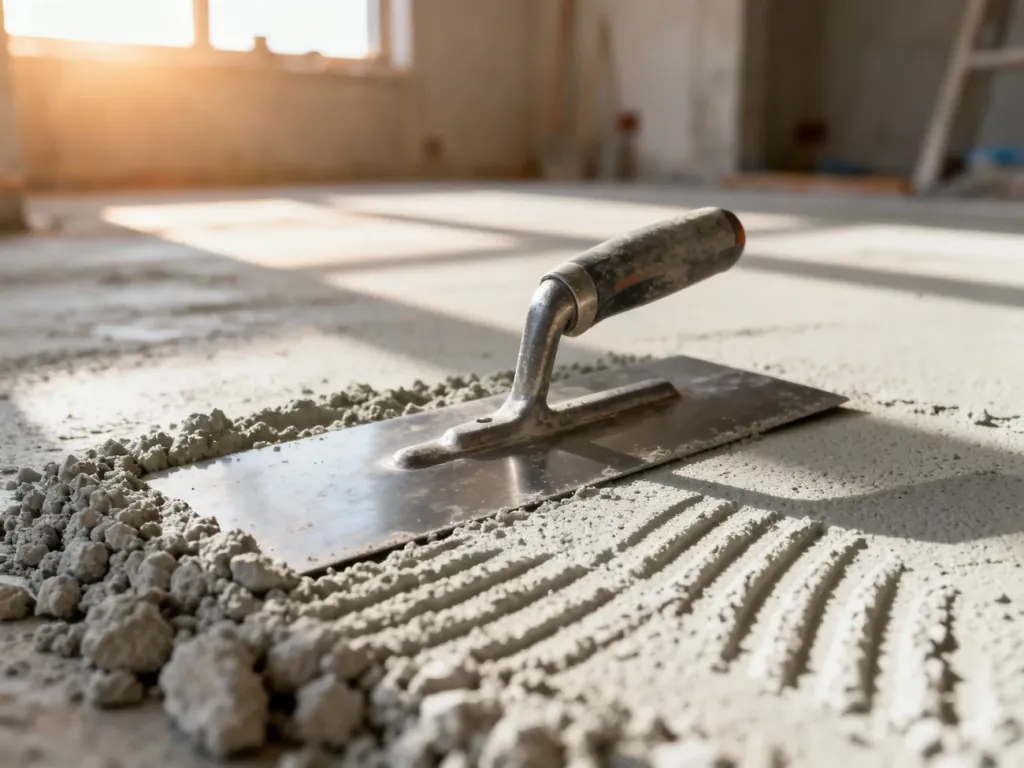 Metalowa paca na świeżo nałożonym tynku cementowo-wapiennym, ukazująca fakturę i gęstość materiału podczas prac budowlanych.