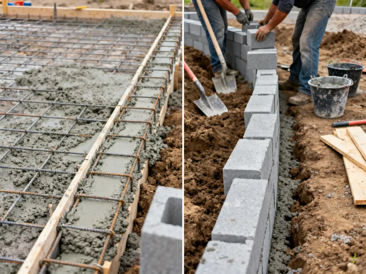 Porównanie fundamentu wylewanego i fundamentu z bloczków betonowych na placu budowy