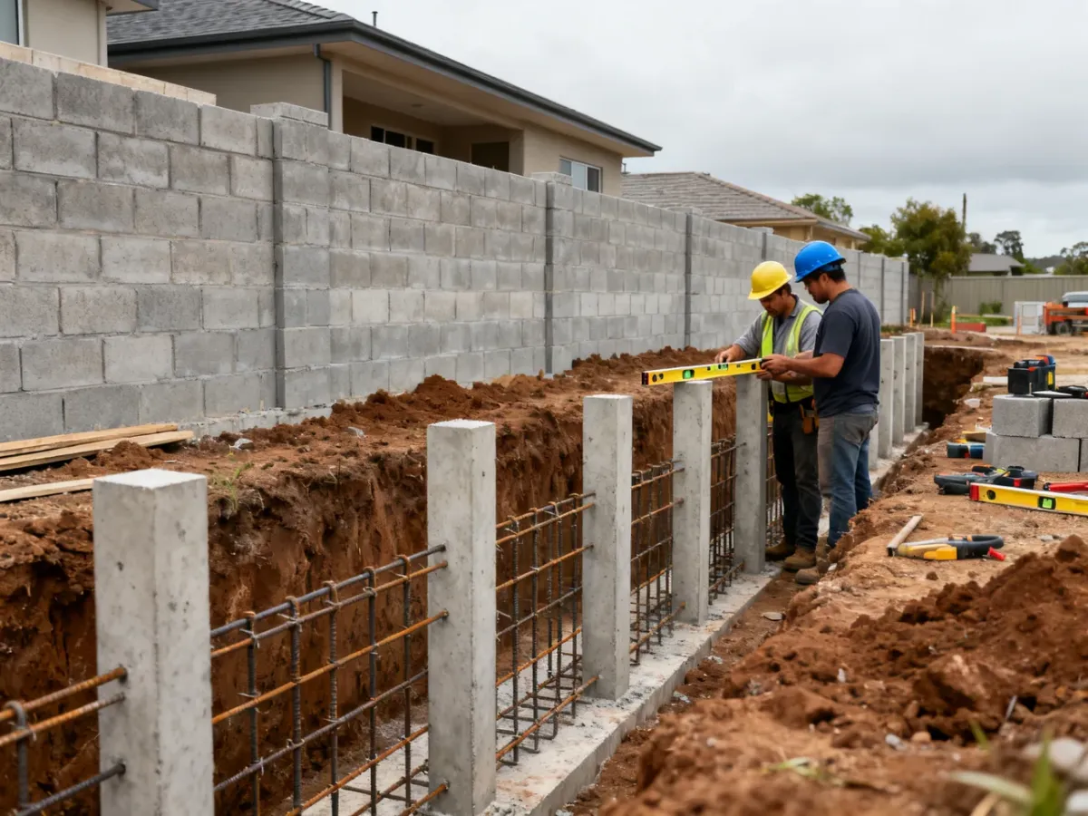 Budowa ogrodzenia betonowego z głębokim fundamentem i zbrojeniem