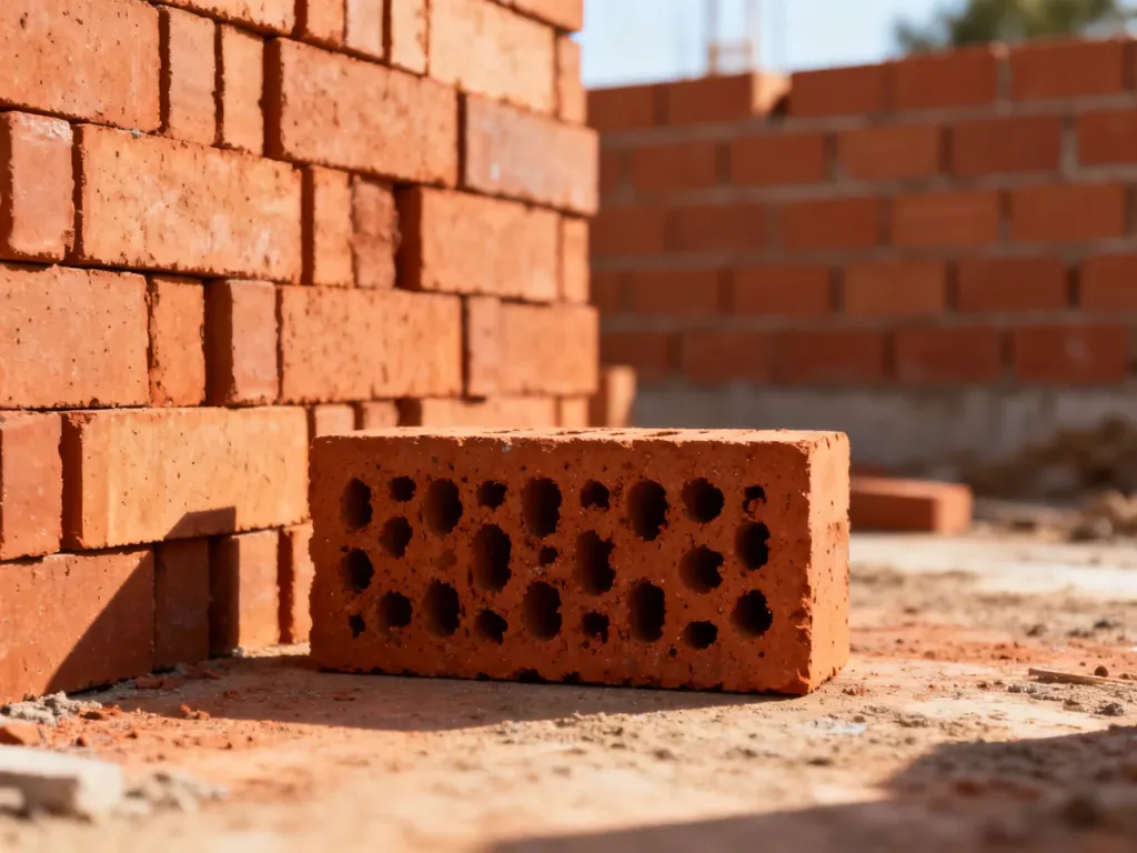Stos czerwonych cegieł pełnych na placu budowy oraz fragment wznoszonego muru z tego samego materiału.