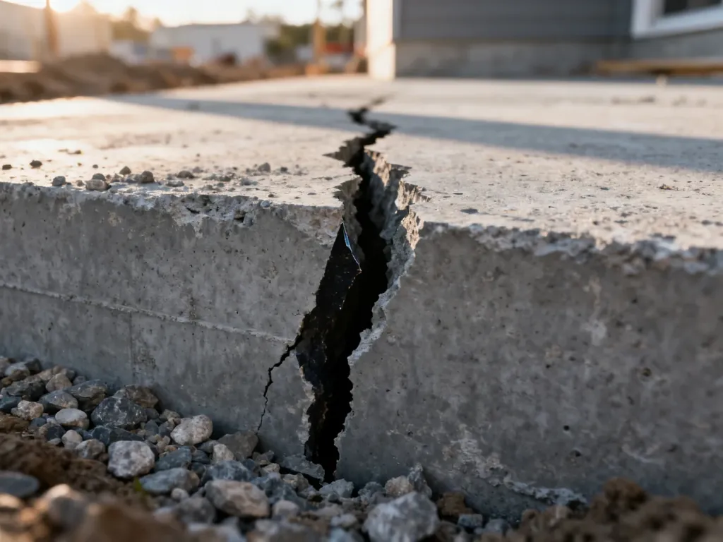 Głębokie, poszarpane pęknięcie w betonowym fundamencie budynku wymagające naprawy.