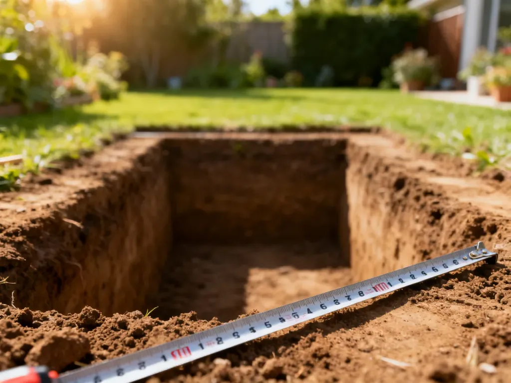 Świeżo wykopany rów pod fundament tarasu z miarką wskazującą głębokość w ogrodzie.