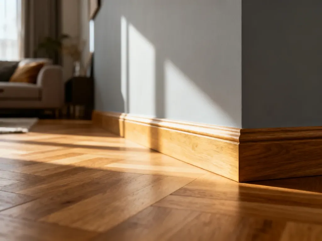 Minimalistyczna drewniana listwa przypodłogowa zamontowana przy dębowym parkiecie i jasnoszarej ścianie w nowoczesnym salonie.